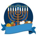 Hanukkiah, dreidel, gelt, sufganiyah and latke behind blue ribbon, Vector illustration Royalty Free Stock Photo