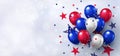 Festive design with helium balloons in national colors of the american flag and with pattern of stars on white background.
