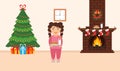 Festive design of the room. Brick fireplace, Christmas wreath, milk and cookies for cute Santa, festive decorated tree,gifts and
