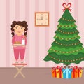 Festive design of the room.Girl, milk and cookies for cute Santa Royalty Free Stock Photo