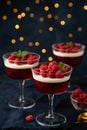 Festive dessert with berry jelly, vanilla panna cota and fresh raspberry