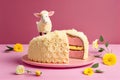 festive dessert for breakfast traditional original easter lamb cake on pink background