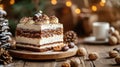 A festive dessert display featuring a creamy cake, coffee, and nuts on a wooden table Royalty Free Stock Photo
