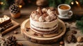 A festive dessert display featuring a creamy cake, coffee, and nuts on a wooden table Royalty Free Stock Photo
