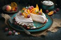 festive dessert festive meringue cake pastries with fruits and cottage cheese