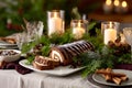 Festive dessert table featuring a chocolate Yule log surrounded by candles Royalty Free Stock Photo
