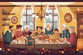 Festive dinner family scene. Children, parents and grandparents sitting at a dinner table, eating together