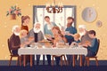 Festive dinner family scene. Children, parents and grandparents sitting at a dinner table, eating together