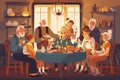 Festive dinner family scene. Children, parents and grandparents sitting at a dinner table, eating together