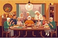 Festive dinner family scene. Children, parents and grandparents sitting at a dinner table, eating together