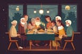 Festive dinner family scene. Children, parents and grandparents sitting at a dinner table, eating together