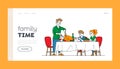 Festive Dinner, Feast, Thanksgiving Day Landing Page Template. Happy Family Dad and Kids Characters Sit at Table