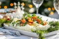 Festive dinner plate with new potatoes and fresh herbs on holiday table Royalty Free Stock Photo