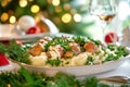 Festive dinner plate with new potatoes and fresh herbs on holiday table Royalty Free Stock Photo