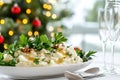 Festive dinner plate with new potatoes and fresh herbs on holiday table Royalty Free Stock Photo