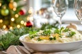 Festive dinner plate with new potatoes and fresh herbs on holiday table Royalty Free Stock Photo