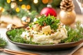 Festive dinner plate with new potatoes and fresh herbs on holiday table Royalty Free Stock Photo