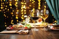 Festive dinner, served table, glasses with wine, delicious dishes Royalty Free Stock Photo