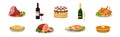 Festive Dish with Ham, Pie, Bottle of Wine, Cake, Roasted Chicken and Salmon Vector Set