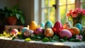 A festive display of ornate easter eggs nestled amongst spring blossoms on a table by a sunlit window. Generative AI Royalty Free Stock Photo