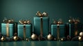 A festive display of teal gift boxes adorned with gold ribbons and ornaments Royalty Free Stock Photo