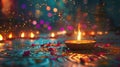 Festive Diwali Decoration with Colorful Lights and Traditional Oil Lamps on Ornate Background