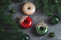 Festive Donut-Shaped Christmas Ornaments with Glitter and Pine Decor Royalty Free Stock Photo