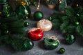 Festive Donut-Shaped Christmas Ornaments with Glitter and Pine Decor Royalty Free Stock Photo