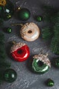 Festive Donut Shaped Christmas Ornaments with Glitter and Pine Decor Royalty Free Stock Photo