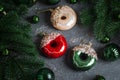 Festive Donut Shaped Christmas Ornaments with Glitter and Pine Decor Royalty Free Stock Photo