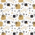 Festive Doodle Black and Gold Stars and Swirls on White Background Seamless Pattern Royalty Free Stock Photo