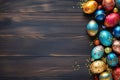 Festive Easter background with colored eggs on a brown wooden table