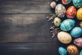 Festive Easter background with colored eggs on a brown wooden table