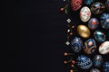 Festive Easter background with colored eggs on a dark brown wooden table