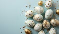 Festive easter background with painted golden decoration on easter eggs on light blue table. Top view and fashion flat lay