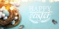 Festive Easter banner concept. Abstract greeting card design with colorful Easter eggs on blue table background. Beautiful Easter