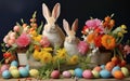 Festive Easter banner with playful bunnies, eggs, and flowers, bringing colorful joy to the occasion