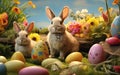 Festive Easter banner with playful bunnies, eggs, and flowers, bringing colorful joy to the occasion