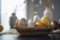 Festive Easter Basket with Brightly Colored Eggs against a Soft, Blurred Background Royalty Free Stock Photo