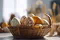 Festive Easter Basket with Brightly Colored Eggs against a Soft, Blurred Background Royalty Free Stock Photo