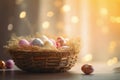 A Festive Easter Basket Filled with Vibrantly Colored and Intricately Decorated Eggs against a Soft and Vibrant Bokeh Background, Royalty Free Stock Photo