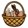 Festive Easter basket vector illustration with chocolate bunny, decorated eggs, and pussy willow branches Royalty Free Stock Photo