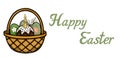 Festive Easter basket vector illustration with decorated cake, eggs, candle, and willow branches, Happy Easter text Royalty Free Stock Photo