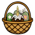 Festive Easter basket vector illustration with decorated cake, painted eggs, burning candle, and pussy willow branches Royalty Free Stock Photo