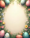 Festive Easter border with painted eggs and blooming flowers. Blank space in middle for custom text or design. Spring holiday Royalty Free Stock Photo