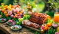 Festive Easter Brunch Spread with Glazed Ham, easter eggs, salads, assorted appetizers and spring flowers in garden