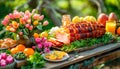 Festive Easter Brunch Spread with Glazed Ham, easter eggs, salads, assorted appetizers and spring flowers in garden