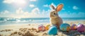 Festive Easter Bunny Hides Colorful Eggs, Spreading Joy On A Sunny Beach