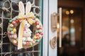 festive easter bunny wreath hanging on a front door Royalty Free Stock Photo