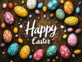 Festive Easter Calligraphy Text Accompanied by Colorful Decorated Eggs on a Rustic Wooden Surface Royalty Free Stock Photo